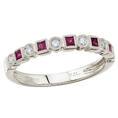 14K White Gold Stackable Princess Ruby and Diamond Band Ring