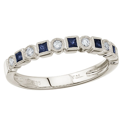 14K White Gold Stackable Princess Sapphire and Diamond Band Ring