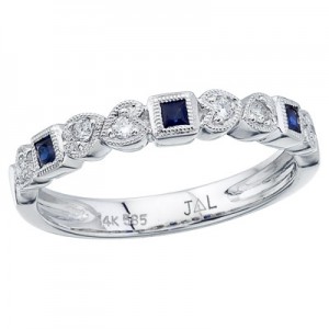 14K White Gold Stackable Princess Sapphire and Diamond Band Ring
