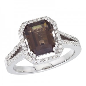 14K White Gold 3 ct Emerald Cut Smoky Topaz and Diamond Ring