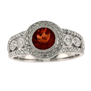 14K White Gold 6mm Round Garnet and Diamond Semi Precious Ring