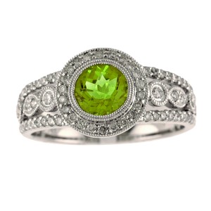 14K White Gold 6mm Round Peridot and Diamond Semi Precious Ring