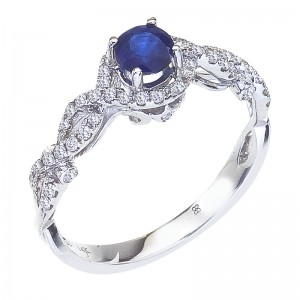 14K White Gold Diamond And Round Sapphire Twist Ring