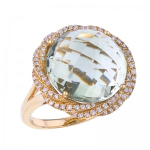14K Yellow Gold 11 mm Round Green Amethyst and Diamond Fancy Sphere Fashion Ring