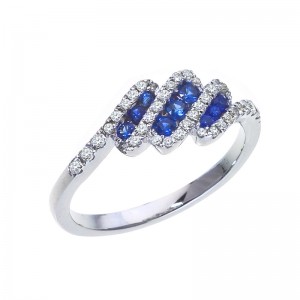 14K White Gold Three Row Round Sapphire and Diamond Precious Fashion Ring