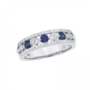 14K White Gold Precious Round Sapphire and Diamond Ring Band