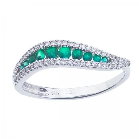 14K White Gold Emerald and Diamond Precious Wave Fashion Ring