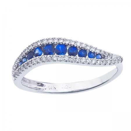 14K White Gold Precious Round Sapphire and Diamond Wave Fashion Ring