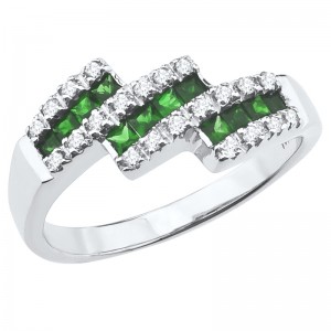 14K White Gold Princess Emerald and Diamond Triple Bypass Fashion Ring