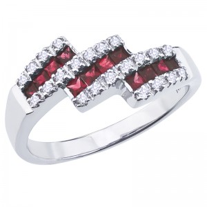14K White Gold Princess Ruby and Diamond Triple Bypass Fashion Ring