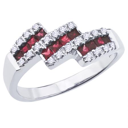 14K White Gold Princess Ruby and Diamond Triple Bypass Fashion Ring