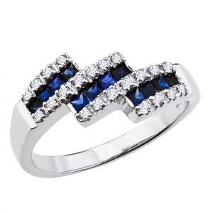 14K White Gold Princess Sapphire and Diamond Triple Bypass Fashion Ring