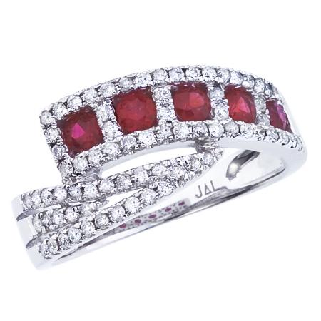 14K White Gold Princess Ruby and Diamond Precious Bypass Fashion Ring