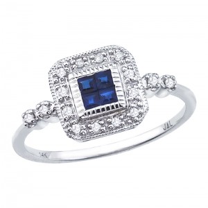 14K White Gold Precious Princess Sapphire and Diamond Square Fashion Ring