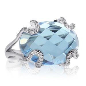 14K White Gold Large 21x15mm Faceted Oval Blue Topaz and Diamond Semi Precious F