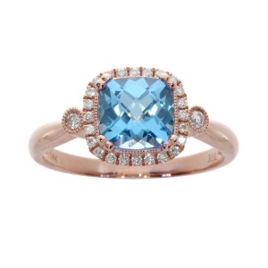 14K Rose Gold 7mm Cushion Blue Topaz and .16 Ct Diamond Fashion Ring