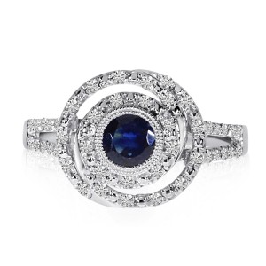 14K White Gold Precious Round Sapphire and Diamonds Concentric Circle Ring