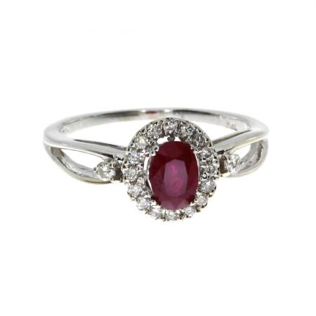 14K White Gold 6x4 mm Oval Ruby and Diamond Halo Precious Ring
