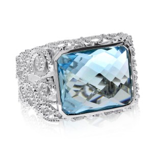 14K White Gold Large 12x15 mm Octagon Blue Topaz Semi Precious Fashion Ring
