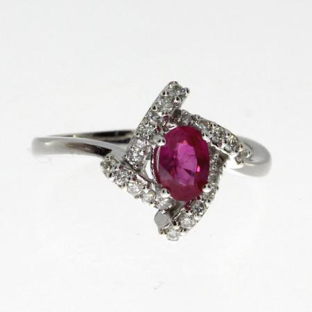 14K White Gold Oval Ruby and Diamond Precious Fashion Ring