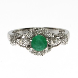 14K White Gold 5mm Round Emerald and Diamond Precious Fashion Ring