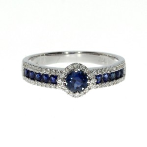 14K White Gold Round Sapphire and Diamonds Precious Band Ring