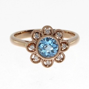 14K Rose Gold Round Blue Topaz Flower Semi Precious Fashion Ring