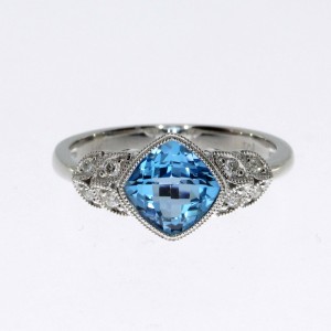 14K White Gold Blue Topaz Cushion Diamond Leaf Fashion Ring