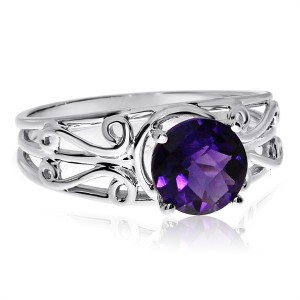 14K White Gold 7mm Round Semi Precious Amethyst Filigree Fashion Ring