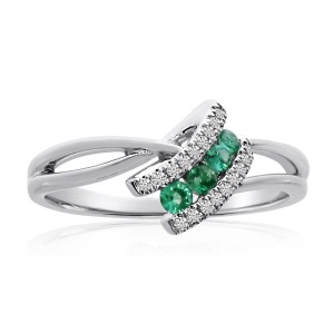 14K White Gold 2.4 mm Round Emerald and Diamond Precious Angle Ring