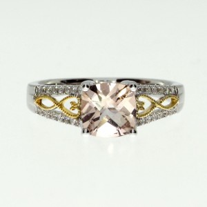 14K Two Tone White and Yellow Gold 6mm Cushion Morganite and Diamond Fashion Rin