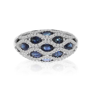 14K White Gold Oval Sapphire and Diamond Basket Weave Precious Fashion Ring