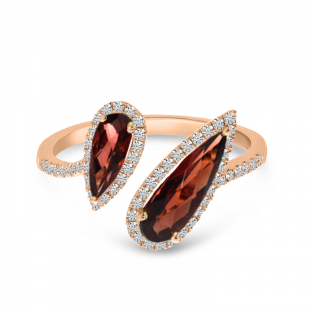 14K Rose Gold Offset Duo Semi Precious Pear Garnet & Diamond Ring