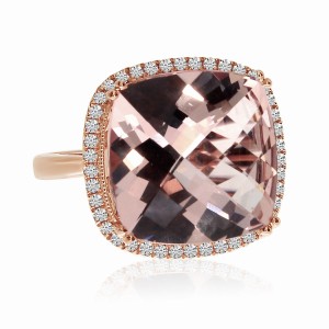 14K Rose Gold 12 mm Cushion Morganite and Diamond Large Fashion Ring