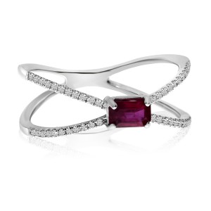 14K White Gold Side Set 5x3 mm Emerald Cut Ruby and Diamond Precious Fashion Rin
