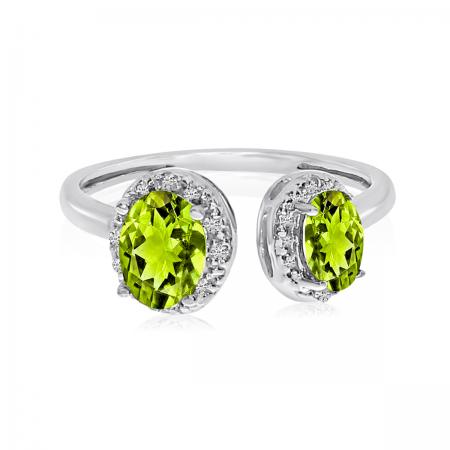 10K White Gold Offset Double Oval Peridot Semi Precious and Diamond Fashion Ring