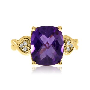 14K Rose Gold 12x10 mm Cushion Amethyst and Diamond Semi Precious Fashion Ring