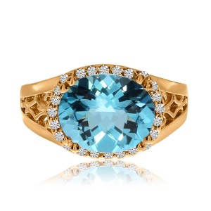 14K Rose Gold 12x10 mm Oval Blue Topaz and Diamond Sideway Semi Precious Fashion