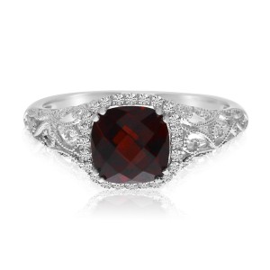 14K White Gold 6mm Cushion Garnet and Diamond Filigree Semi Precious Ring