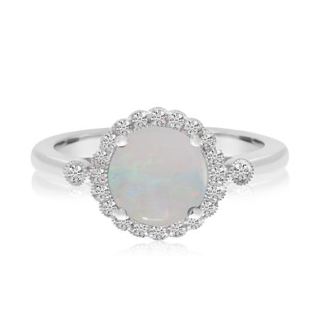 14K White Gold Round Opal and Diamond Halo Ring