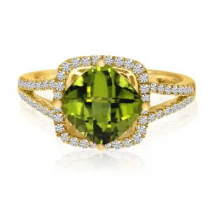 14K Yellow Gold Cushion Peridot and Diamond Fashion Ring