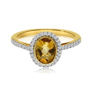 14K Yellow Gold Oval Bezel Citrine and Diamond Semi Precious Ring