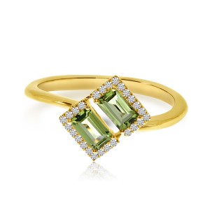 14K Yellow Gold Double Octagon Peridot and Diamond Semi Precious Fashion Ring
