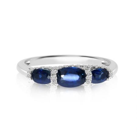 14K White Gold 3 Oval Sapphire and Diamond Precious Ring