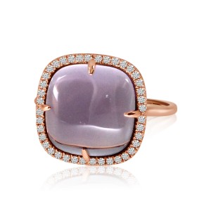 14K Rose Gold 12mm Cabochon Cushion Amethyst and Diamond Fashion Ring