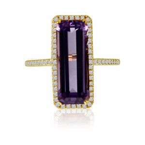 14K Yellow Gold Long Octagon Amethyst and Diamond Semi Precious Ring