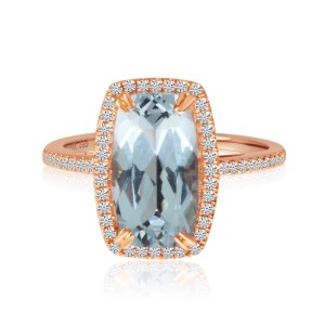 14K Rose Gold Octagon Cushion Blue Topaz and Diamond Semi Precious Ring