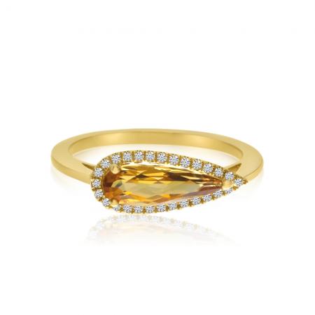 14K Yellow Gold Elongated Pear Citrine and Diamond Semi Precious Ring