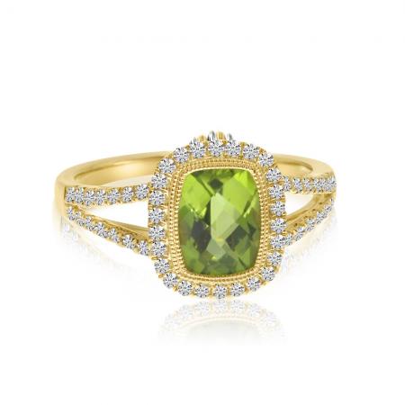 14K Yellow Gold Halo Cushion Peridot and Diamond Semi Precious Split Shank Ring