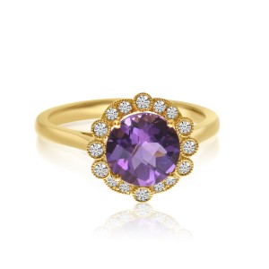 14K Yellow Gold 8mm Round Amethyst and Diamond Beaded Halo Semi Precious Ring